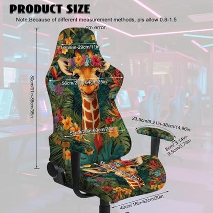 Giraffe Print Gaming Chair Cover with Armrest Covers Tropical Plants Print Stretchable Washable Computer Office Chair Seat Slipcovers Universal Fit for Desk/Swivel/Rotating Chairs Protector - color: Brown and Green - Giraffe Tropical Plants