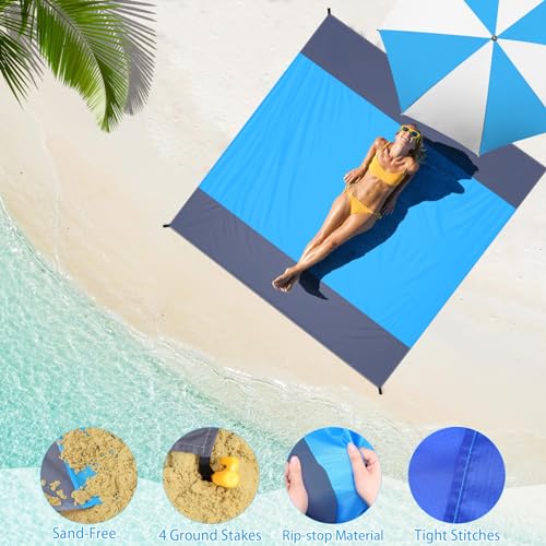 BYDOLL Beach Blanket Waterproof Sandproof Large Sand Free,78''X81''/10'X9' Oversized Sandless Lightweight Blanket Picnic Mat for Beach Travel Camping Hiking with Stakes - color: Blue Grey, size: 10'X9'