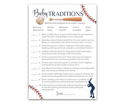 BASEBALL Baby Shower Games — BABY TRADITIONS around the World Game — Pack of 25, Rustic Sports Navy Blue BOY Shower Activity, Sport Fun Facts Baseball Little Slugger Theme Couples Shower G900-BTW