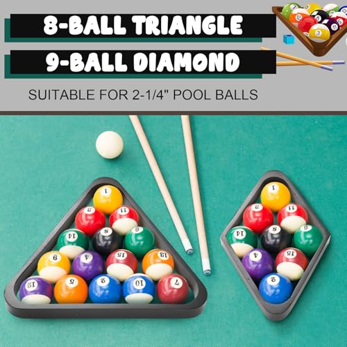 22 Pcs Pool Table Brush Set Wooden Billiard Rack 8 or 9 Ball Triangle Diamond for 2-1/4" Pool Ball with Polish Cloth Sticky Lint Roller Cue Chalk Cube Accessories - color: Black