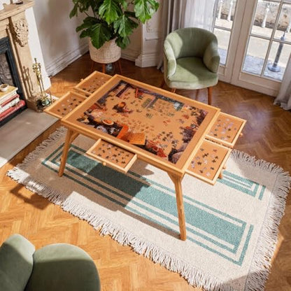 1500 Piece Puzzle Table with Foldable Legs, 34'' W×26'' D×27''H Large Wood Portable Jigsaw Puzzle Board with 4 Drawers, Folding Puzzle Board Game Table for Adults, Nature - size: 34''- Puzzle Table