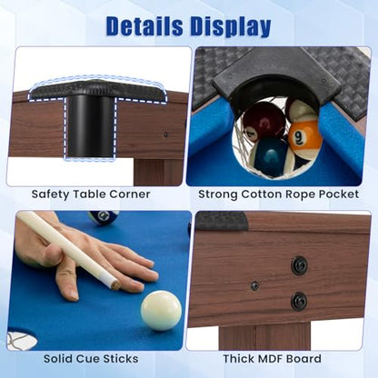 Goplus 48” Pool Table, Wooden Billiards Table w/ 2 Cue Sticks, 16 Balls, 2 Chalks, Triangle, Brush, Compact Pool Game Table for Kids Adults Family Game Room Bar Office - style: Upgrade Table 48’’, Blue