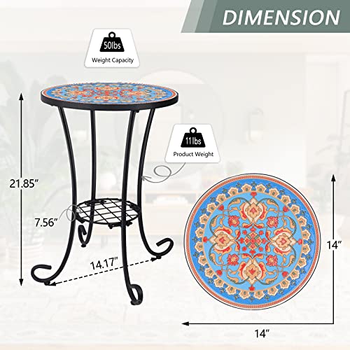VCUTEKA Outdoor Side Table Mosaic Patio Table Accent Tables Mosaic Tile Top Metal Frame Small End Tables Porch Beach Patio Garden Balcony Blue 14'' - color: Blue