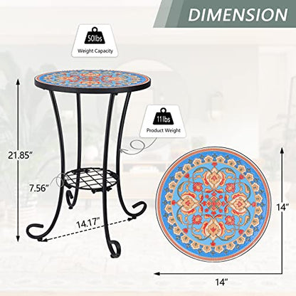 VCUTEKA Outdoor Side Table Mosaic Patio Table Accent Tables Mosaic Tile Top Metal Frame Small End Tables Porch Beach Patio Garden Balcony Blue 14'' - color: Blue