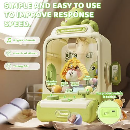 Dinosaur Claw Machine - Mini Vending Machine with Lights and Music, Candy Machine Dispenser for Kid Ages 3+, Electronic Kids Claw Machine Game for Birthday Party Includes 10 Plush Toys - color: Green