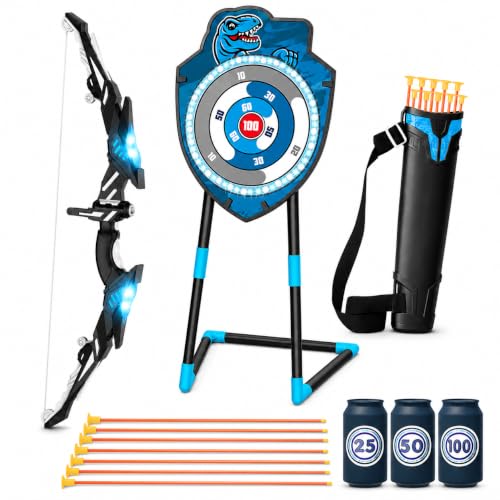 VROGTIK Kids Bow and Arrow Set, LED Light Up Archery Toy with Standing Target, 10 Suction Cup Arrows & Quiver, Indoor Outdoor Backyard Games, Birthday Gifts for Boys Girls Ages 3-12 - color: Blue