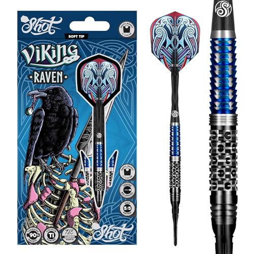 Shot Darts Soft Tip, Viking Raven (18g/20g) 90% Tungsten Barrels, Center Balanced with with Dual grip Handcrafted Professional Dart Set and Flights Made in New Zealand Plastic Tip Bar Darts for Adults