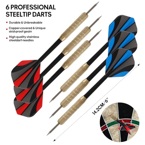Panana Steel Tip Dartboard Set with 6 Professional Steel Tip Darts, Bristle Dart Round Board Indoor Family Game
