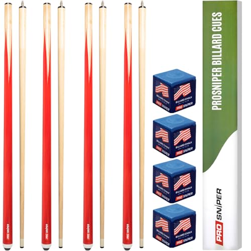 Prosniper Premium Pool Sticks Set of 4 | 58-Inch, 19-Oz Canadian Ashwood Pool Cue with Low-Deflection Shaft & 4 Extra Chalks | Pro-Grade Billiard Cue for Home & Bar Play - color: Red