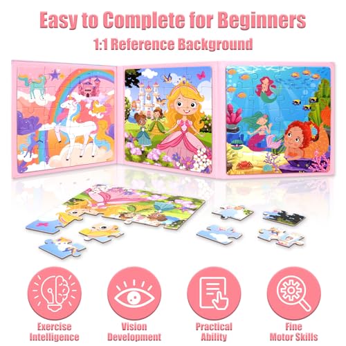 Magnetic Puzzles for Kids 3-5, 3-in-1 Princess Unicorn Mermaid Travel Puzzles for Kids Ages 4-6, Car Airplane Road Trip Activities Toys, Gifts for Girls