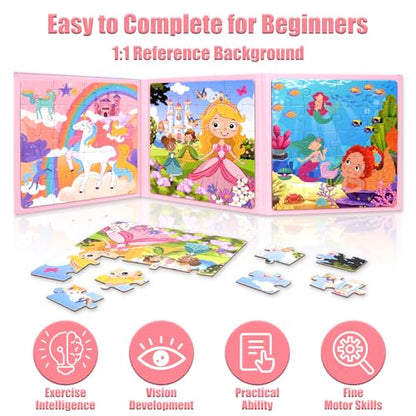 Magnetic Puzzles for Kids 3-5, 3-in-1 Princess Unicorn Mermaid Travel Puzzles for Kids Ages 4-6, Car Airplane Road Trip Activities Toys, Gifts for Girls