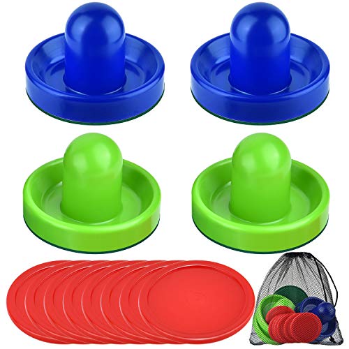 Coopay Air Hockey Pushers and Pucks, Air Hockey Paddles with Felt Bottoms, Goal Handles Paddles Replacement Accessories with a Drawstring Bag for Game Tables (4 Striker, 8 Red Puck Pack) - color: Blue and Green
