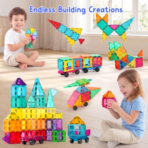 Bmag 100PCS Magnet Building Blocks with 2 Cars for Kids, Magnetic Tiles Stacking Building Set for Boys Girls, STEM Preschool Educational Learning Construction Toy - size: 100