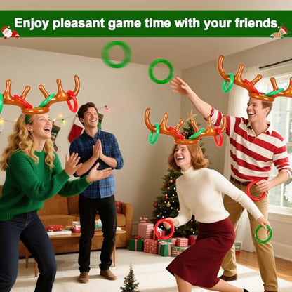 4 Pack Inflatable Reindeer Antler Ring Toss Game, Reindeer Ring Toss Game for Christmas Party, Family, Christmas Decoration, Xmas Fun Amusements (4 Antlers 16 Rings 1 Pump)