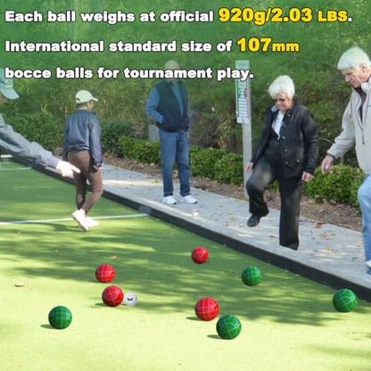 Bocce Ball Set Regulation Size and Weight for Professional Tournament, Backyard, Beach, Lawn Game with 8 Resin Bocci Balls, Pallino, Measuring Rope, Carrying Bag - style: 107mm Red and Green