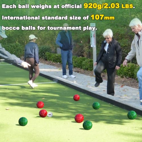 Bocce Ball Set Regulation Size and Weight for Professional Tournament, Backyard, Beach, Lawn Game with 8 Resin Bocci Balls, Pallino, Measuring Rope, Carrying Bag - style: 107mm Red and Green