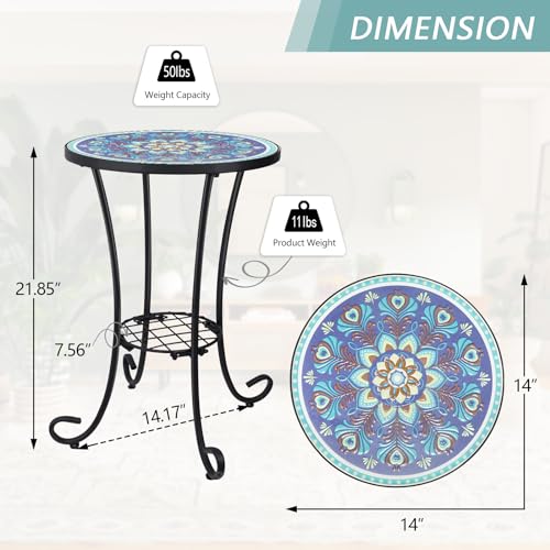 VCUTEKA Outdoor Side Table Mosaic Patio Table Accent Tables Mosaic Tile Top Metal Frame Small End Tables Porch Beach Patio Garden Balcony Peacock Feather 14'' - color: Peacock Feathers