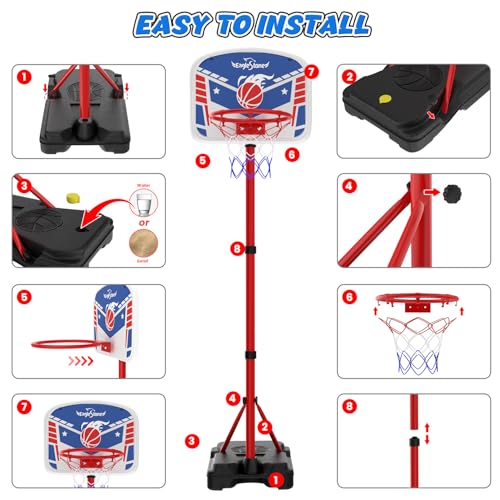 EagleStone Kids Basketball Hoop with Stand, Adjustable Height Basketball Set Toddler Toys for Boys and Girls Age 3-12, Indoor Outdoor Backyard Sport Game Gift with Sandbag for Stability