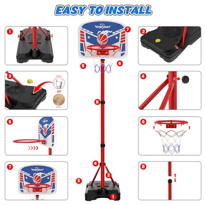 EagleStone Kids Basketball Hoop with Stand, Adjustable Height Basketball Set Toddler Toys for Boys and Girls Age 3-12, Indoor Outdoor Backyard Sport Game Gift with Sandbag for Stability