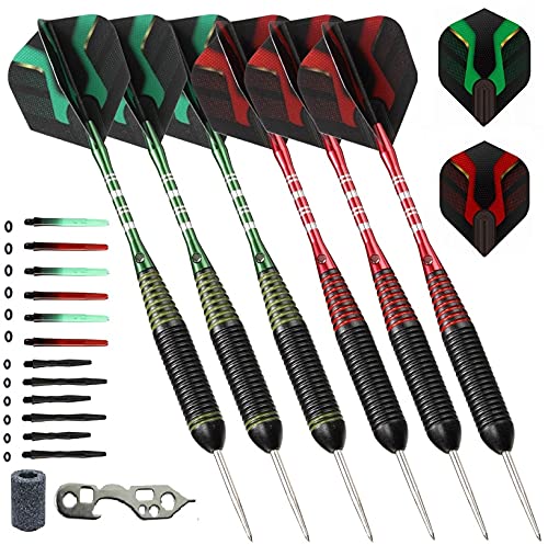 6pc Steel Tip Darts Set - Professional Darts for Dartboard - Includes Barrels + Plastic/Aluminum Shafts + O'Rings + Flights + Sharpener + Wrench - color: 20g Red/ 22g Green -10422