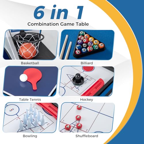 Giantex 6 in 1 Multi Game Table, Combo Game Table w/Basketball, Billiards, Ping Pong, Hockey, Shuffleboard, Bowling for Home, Game Room, Friends & Family, Combination Game Table Set for Adults Kids