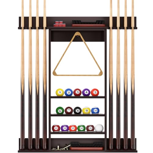 Wall Mounted Pool Cue Rack, Bamboo Billiards Sticks Holder for 8 Cue Sticks, Organizes Full Set of Balls and Pool Table Accessories, Dark Brown - color: Dark Brown