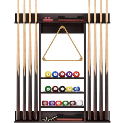 Wall Mounted Pool Cue Rack, Bamboo Billiards Sticks Holder for 8 Cue Sticks, Organizes Full Set of Balls and Pool Table Accessories, Dark Brown - color: Dark Brown