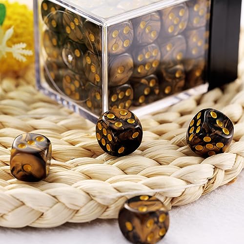 36 of Pack 12MM 6 Sided Dice Set,Two Colours D6 Game Dice Set, 6 Sided Standard Dices for Yahtzee, Bunco,with Portable Plastic Box(Golden+Black) - color: Golden Black Swirl