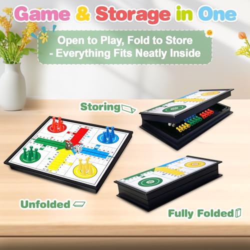 Travel Magnetic Ludo Board Game - 9.8 Inch Foldable Portable Set with Storage for Game Pieces & Dice, 2-4 Player Classic Game for Kids, Adults, Car, Airplane & Family Night
