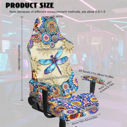 Dragonfly Print Gaming Chair Slip Cover Set Boho Mandala Flower Print Gaming Chair Covers Slipcovers 4Pcs with Armrest Cover Universal Fit for Desk/Swivel/Rotating Chairs Protector - color: Multi - Dragonfly Boho Mandala Flower