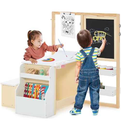 INFANS 3 in 1 Kids Art Table and Chair Set, Toddler Craft and Play Wood Activity Desk with Double-Sided Easel Blackboard Whiteboard, Paper Roll for Writing, Children Furniture for Daycare Nursery - style: Natural