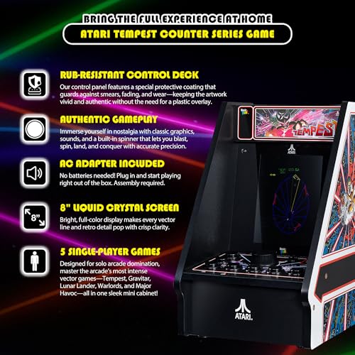 Arcade Classics - Atari Tempest Counter Series Game Machine, 5 Games, 8" Liquid Crystal Screen - Mini Cabinet, Portable Gaming, Retro, Countertop Console, Basement Decoration, Man Cave - style: Tempest Counter Series
