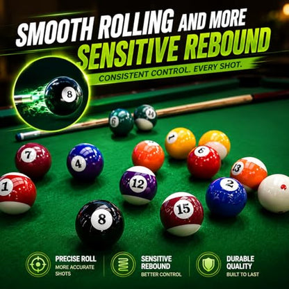 HMQQ Billiard Balls Set, 2-1/4" Regulation Size Pool Table Balls, Complete 16 Resin Pool Ball Set with Cue Ball, Smooth True Roll, Polished Finish for 8-Ball & Home Bar Tables - style: 2-1/4" Billiard Balls