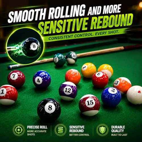 HMQQ Billiard Balls Set, 2-1/4" Regulation Size Pool Table Balls, Complete 16 Resin Pool Ball Set with Cue Ball, Smooth True Roll, Polished Finish for 8-Ball & Home Bar Tables - style: 2-1/4" Billiard Balls