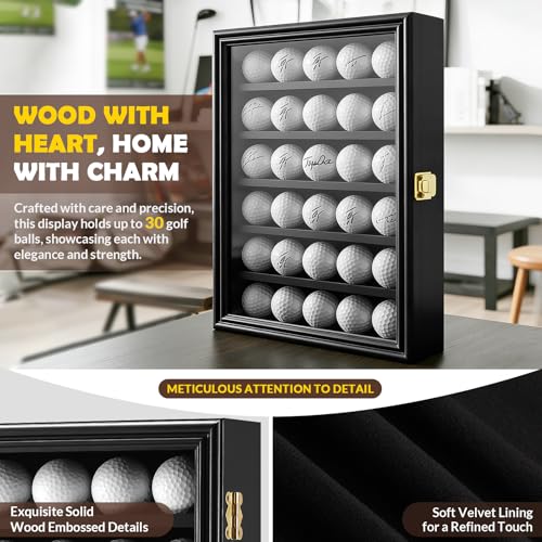 JupDec Golf Ball Display Case Frame for 30 Balls, Dustproof Solid Wood Holder Box with Unobstructed Clear View, Velvet Lined Cabinet with Removable Shelves, Ideal Gift for Golf Fans - size: 1 Pack