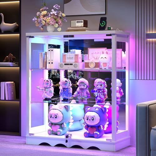 Dystler 39" Display Cabinet with Glass Doors, RGB Lights, Lock & 3-Tier | Tempered Glass Curio Cabinet, Motion Sensor Lighting, Adjustable Shelves, USB Type-C Charging Hub for Figures & Collectibles - color: White-new