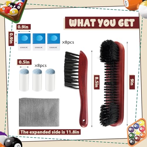 22 Pcs Pool Table Brush Set Wooden Billiard Rack 8 or 9 Ball Triangle Diamond for 2-1/4" Pool Ball with Polish Cloth Sticky Lint Roller Cue Chalk Cube Accessories - color: Wine Red