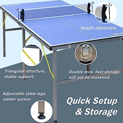 IUNNDS Portable Table Tennis Table 6/8/8.5/9FT Foldable Ping Pong Game Set for Indoor with Net and Post Set, 2 Paddles and 3 Balls - color: Blue