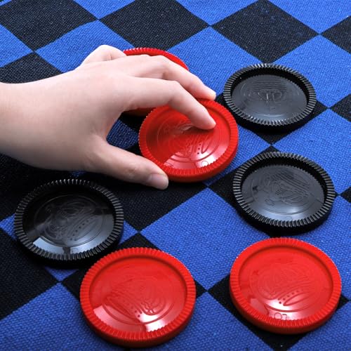 Yarlung Giant Checkers Set Tic Tac Toe Game, 3 in 1 Jumbo Checkers Game Board for Family Camping, Yard, Lawn Games, 2 Players, Blue Reversible Rug