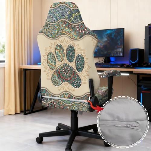 Suobstales Boho Paw Print Gaming Chair Cover with Armrest Covers 4 Pieces Stretch Racing Computer Chair Slipcover Set for Reclining Racing Gaming Chair - color: Boho Paw