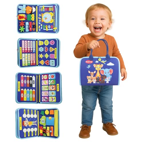 URBAN TOYS Toddler Busy Board for Kids Ages 3+, Montessori Busy Book, Sensory Learning Toy for Fine Motor Skills, Toddler Travel Essential for Airplane & Car, Gift for Boys & Girls - color: Blue