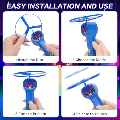 Rechargeable Disc Launcher with 6 Flying Spinners for Outdoor Activities Game White Elephant Gift Fidget Toys (Blue) - color: Blue