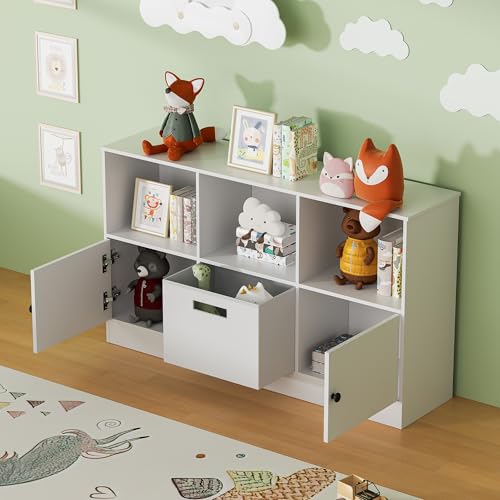 Housoul Cube Bookcase with 2 Doors, 6-Cube Wooden Bookshelf with Fabric Drawer, 2-Tier Floor Standing Display Cabinet Organizer, Kids Open Shelf Low Bookcase for Living Room, Bedroom, Office, White
