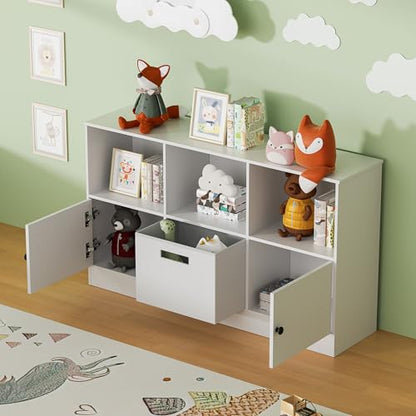 Housoul Cube Bookcase with 2 Doors, 6-Cube Wooden Bookshelf with Fabric Drawer, 2-Tier Floor Standing Display Cabinet Organizer, Kids Open Shelf Low Bookcase for Living Room, Bedroom, Office, White