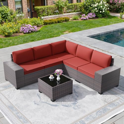 6 PCS Outdoor Patio Furniture Set,Outdoor Sectional Furniture All Weather PE Rattan Wicker Patio Conversation Set with Coffee Table and 5 Thickened Cushions,Red - color: Red, size: 6 High Backrest Sofa