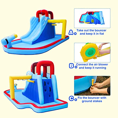 JOYLDIAS Inflatable Bounce House, Water Slide Bouncer Playhouse Castle w/Splash Pool, Climbing Wall, Basketball Hoop & Carry Bag, 480W Air Blower for Kids Backyard Indoor Outdoor Use, Free Water Gun - color: 3 in 1