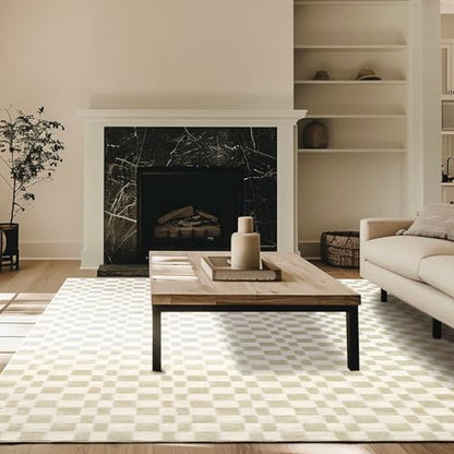 EVERGRACE Checkered Plaid Area Rug - Soft Faux Wool, 9x12, Washable, Anti Slip, Large, for Entryway, Bedroom, Living Room, Hallway, Kitchen, Dining Room and Laundry, Beige - color: Beige, size: 9' x 12' (Rectangular)