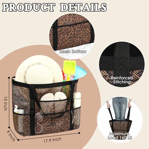 GYEUKHAM Mesh Beach Bag for Women, Sand-Resistant Pool Tote, 9 Pockets (1 Inner Zip), Foldable Family Travel Essentials - color: L-leopard