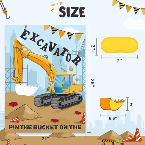 WERNNSAI Pin the Bucket on the Excavator Party Game - Construction Birthday Party Supplies for Boys Under Construction Theme Party Decorations Favors with 24 Pcs Stickers and Blindfold - style: Construction