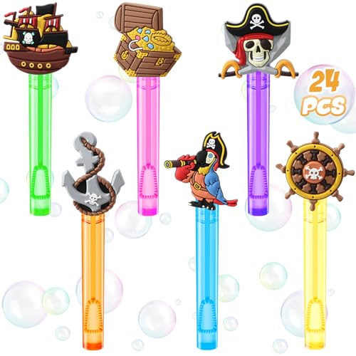 Winrayk Pirate Party Favors, 24Pcs Self-designed Mini Bubble Wands for Kids Bubbles Bulk with Detachable Topper (6 Styles & Colors), Birthday Gift Toy Pinata Filler Goodie Bag Stuffer Classroom Prizes - style: Pirate